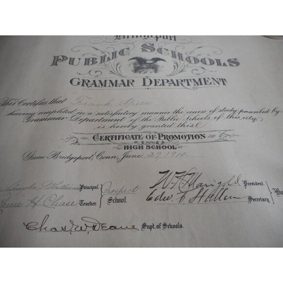Grammar Department Certificate Graduation Speer Unframed 1910 Bridgeport CT - Picture 3 of 4